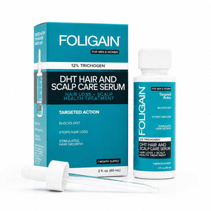 FOLIGAIN DHT Hair and Scalp Care Serum with 12% TRICHOGEN, 60 mL bottle, box and dropper.