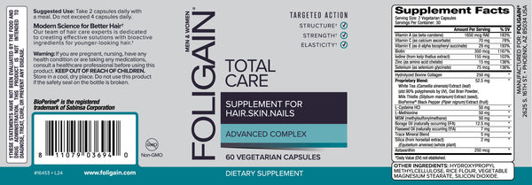 FOLIGAIN TOTAL CARE Supplement for Thinning Hair, Skin & Nails 60 Vegetarian Capsules - FOLIGAIN